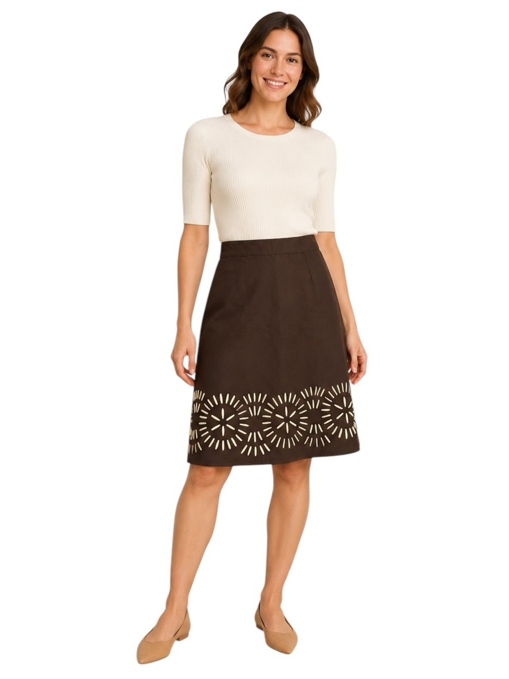 Boden Aztec Sea Shell Cotton A-Line Skirt Brown Laser-Cut Border 10R